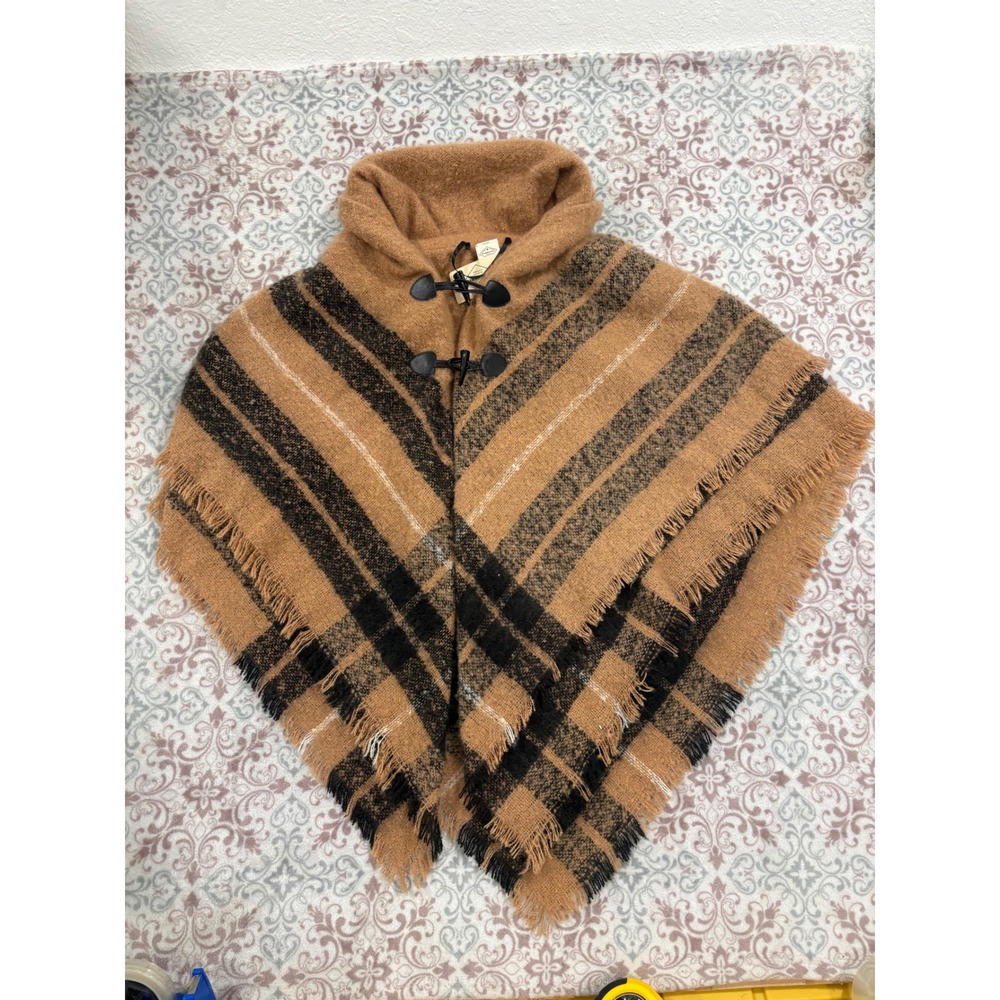 St Johns Bay Plaid Toggle Poncho Cowl Neck Fringe Wrap Neutral Multi OS NWT